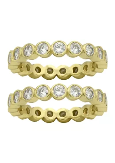 Lab Grown Gold Tone Bezel Cut Round Cubic Zirconia Duo Band Ring Set