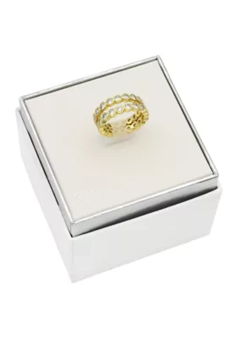 Lab Grown Gold Tone Bezel Cut Round Cubic Zirconia Duo Band Ring Set