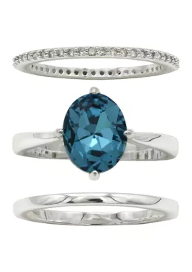 Silver Tone Round Trio Crystal Pave Band Ring Set