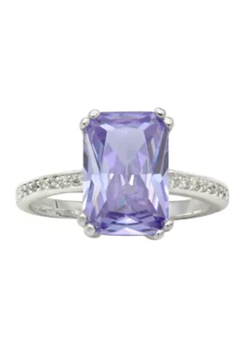 Silver Tone Violet Crystal Emerald Pave CZ Ring