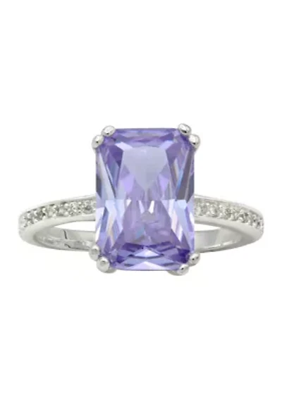 Silver Tone Violet Crystal Emerald Pave CZ Ring