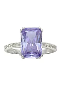 Silver Tone Violet Crystal Emerald Pave CZ Ring