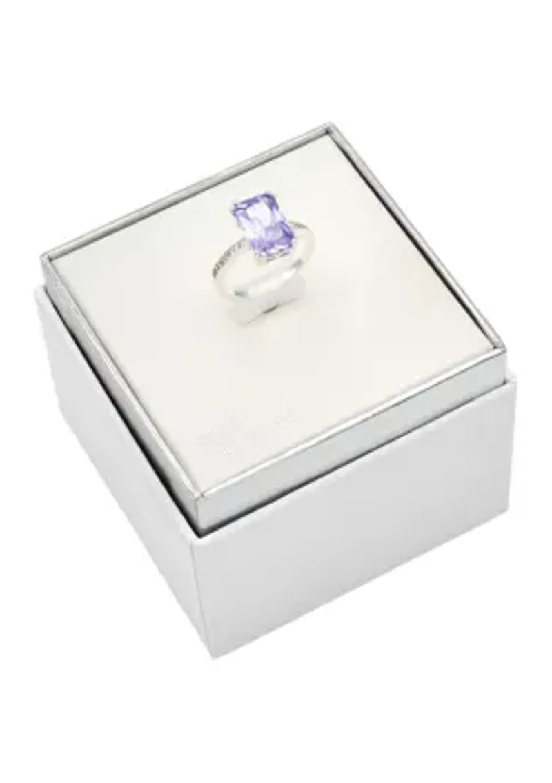Silver Tone Violet Crystal Emerald Pave CZ Ring