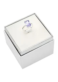 Silver Tone Violet Crystal Emerald Pave CZ Ring