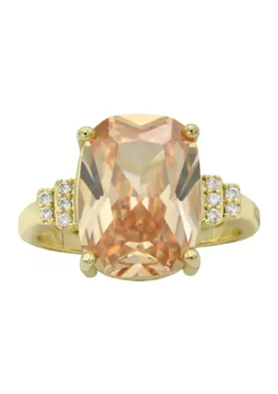 Lab Grown Gold Tone Jonquil Elongated Cushion Crystal with Cubic Zirconia Baguette Ring
