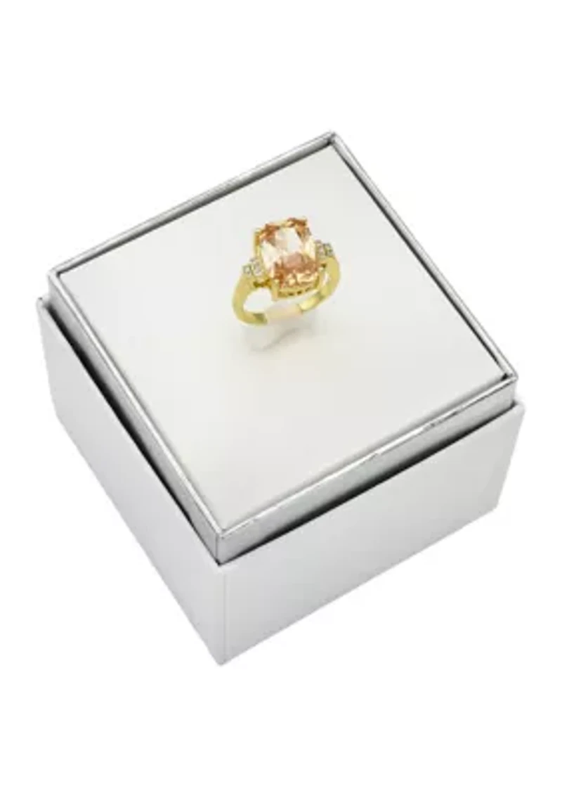 Lab Grown Gold Tone Jonquil Elongated Cushion Crystal with Cubic Zirconia Baguette Ring