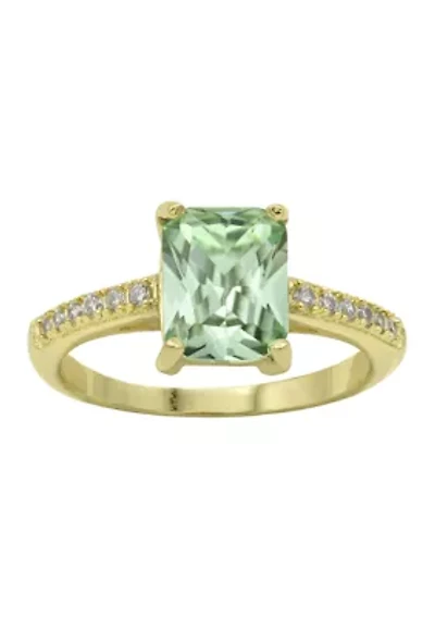 Lab Grown Gold Tone Emerald Cut Erinite Crystal Ring with Clear Cubic Zirconia Band