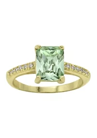 Lab Grown Gold Tone Emerald Cut Erinite Crystal Ring with Clear Cubic Zirconia Band