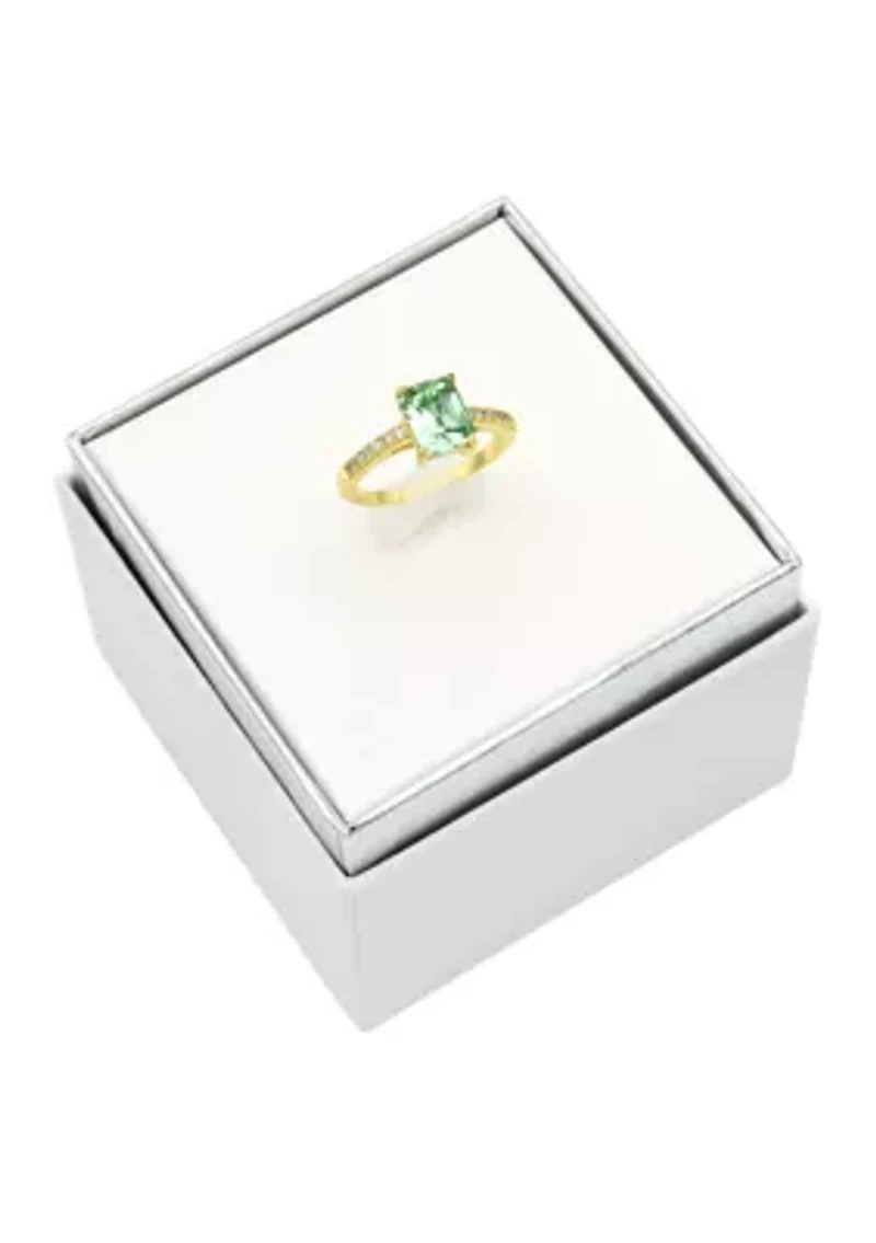 Lab Grown Gold Tone Emerald Cut Erinite Crystal Ring with Clear Cubic Zirconia Band