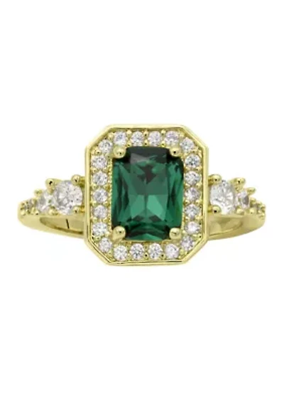 Lab Grown Emerald Crystal Ring with Round Cubic Zirconia Halo and Band