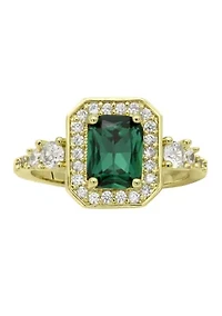 Lab Grown Emerald Crystal Ring with Round Cubic Zirconia Halo and Band