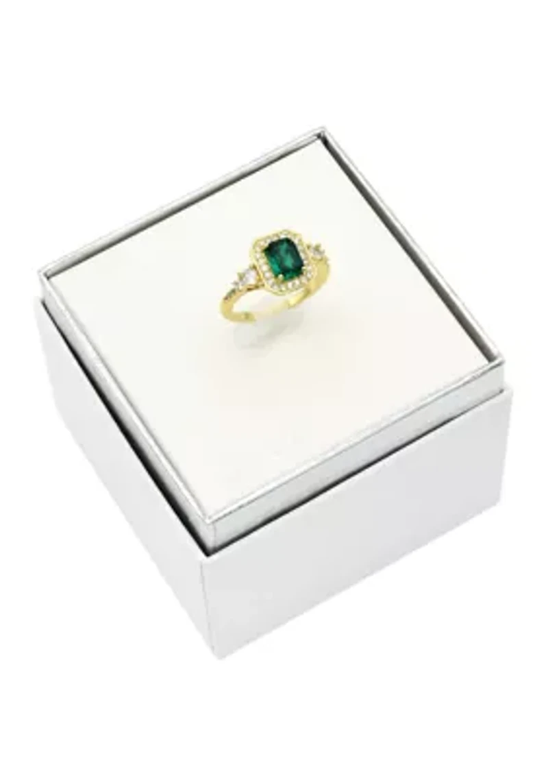 Lab Grown Emerald Crystal Ring with Round Cubic Zirconia Halo and Band