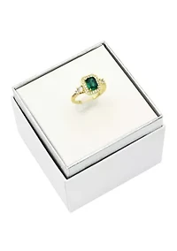 Lab Grown Emerald Crystal Ring with Round Cubic Zirconia Halo and Band