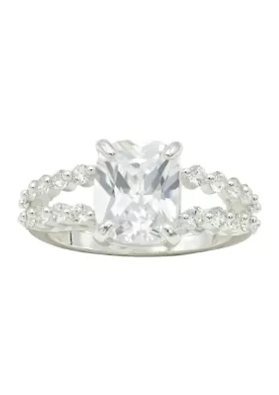 Lab Grown Silver Tone Rectangle Clear Cubic Zirconia Ring with Open Shank Band