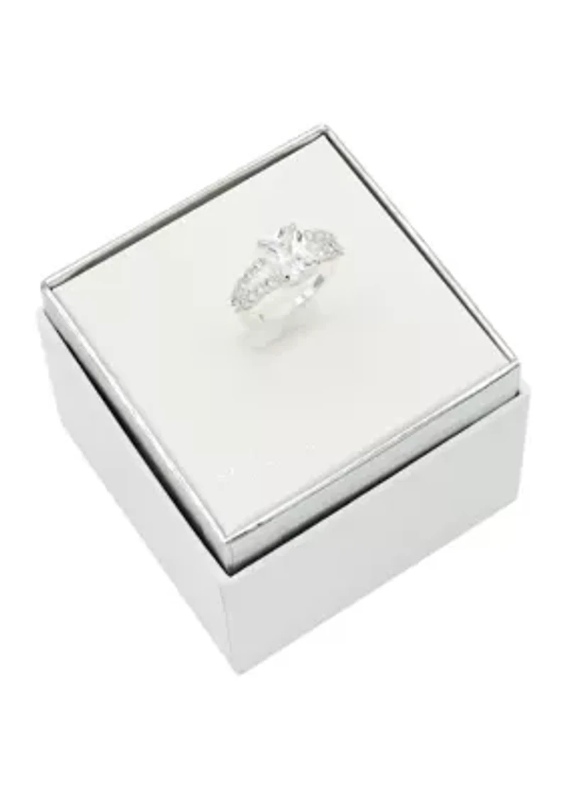 Lab Grown Silver Tone Rectangle Clear Cubic Zirconia Ring with Open Shank Band