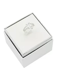 Lab Grown Silver Tone Rectangle Clear Cubic Zirconia Ring with Open Shank Band