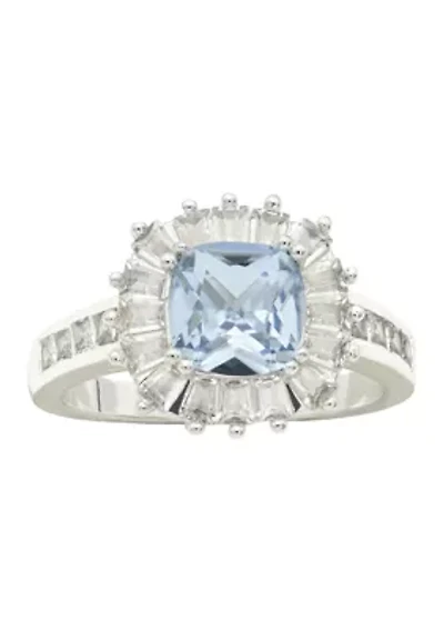 Lab Grown Cushion Cut Water Sapphire Crystal Ring with Cubic Zirconia Baguette Halo