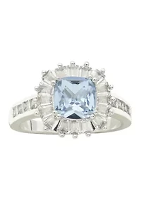Lab Grown Cushion Cut Water Sapphire Crystal Ring with Cubic Zirconia Baguette Halo
