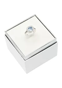 Lab Grown Cushion Cut Water Sapphire Crystal Ring with Cubic Zirconia Baguette Halo