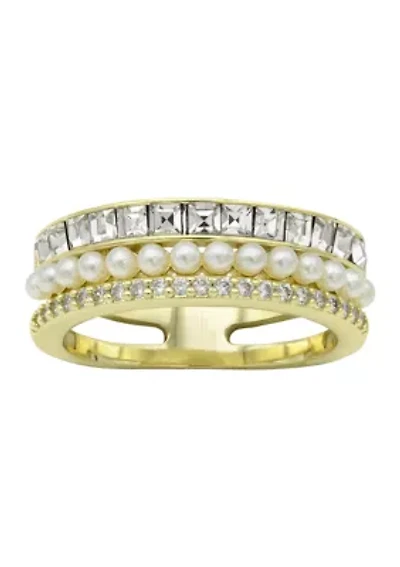 Lab Created Gold Tone Pearl, Pavé and Channel Set Cubic Zirconia Tri Row Band
