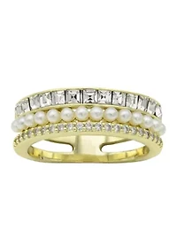 Lab Created Gold Tone Pearl, Pavé and Channel Set Cubic Zirconia Tri Row Band