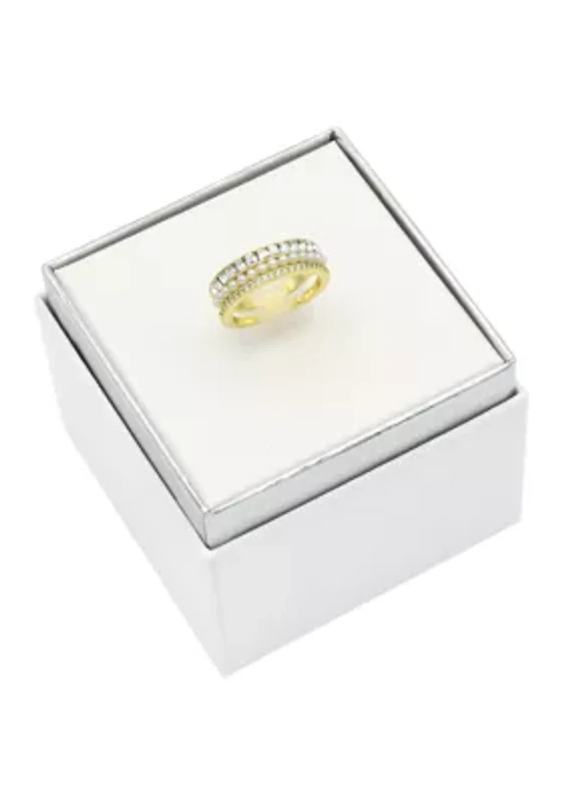 Lab Created Gold Tone Pearl, Pavé and Channel Set Cubic Zirconia Tri Row Band
