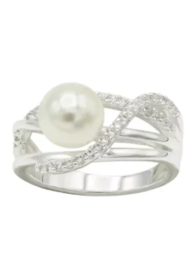 Lab Grown Silver Tone Pearl and Pavé Cubic Zirconia Crossover Ring