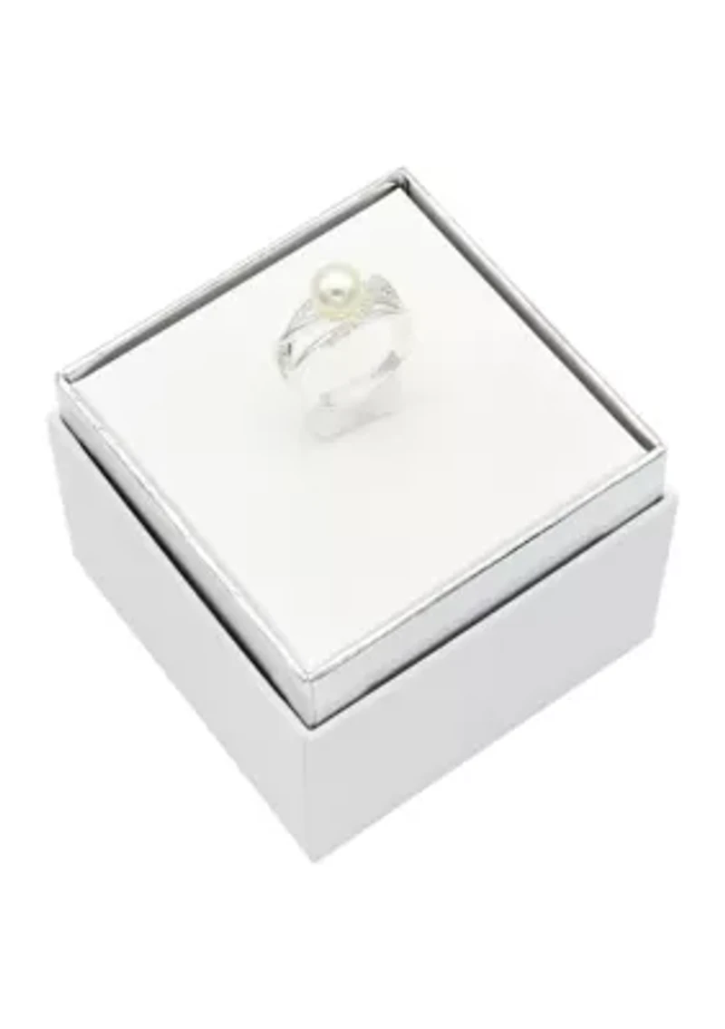 Lab Grown Silver Tone Pearl and Pavé Cubic Zirconia Crossover Ring