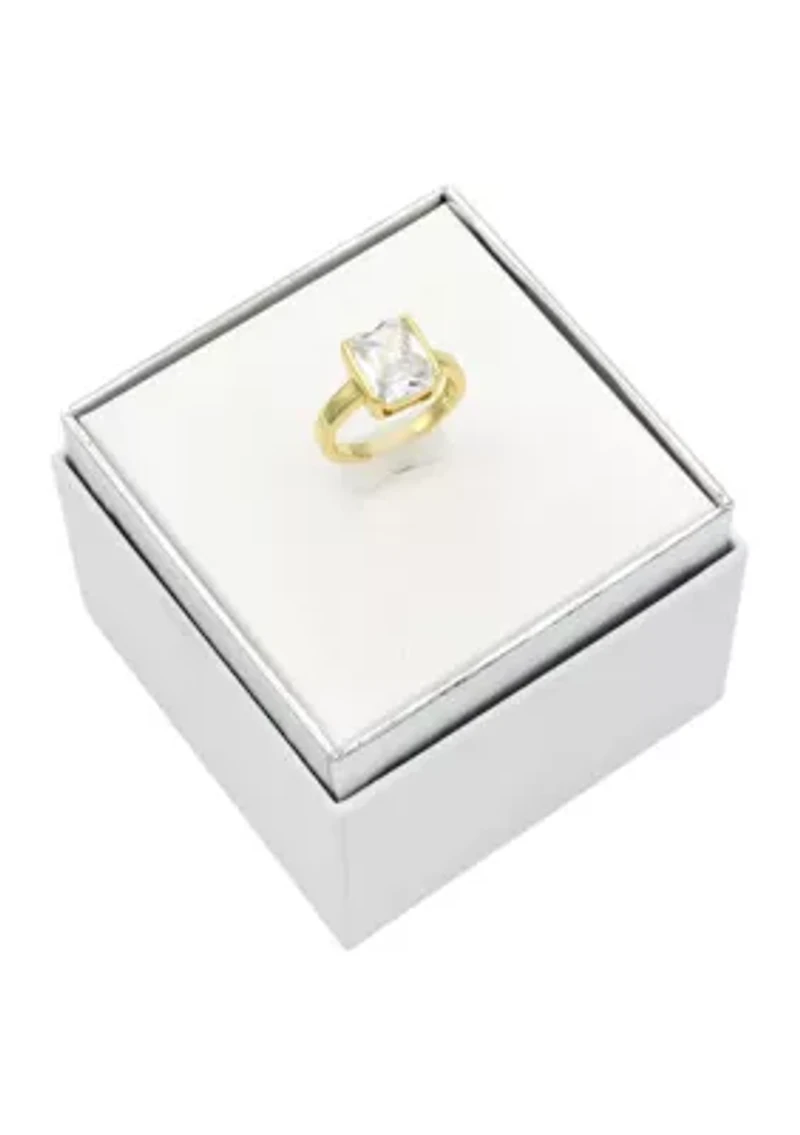 Lab Grown Gold Tone Cushion Cubic Zirconia Bezel Ring