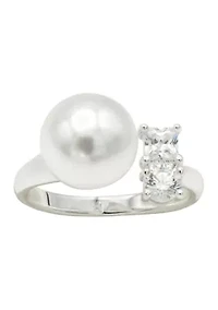Lab Grown Silver Tone Pearl and Square Cubic Zirconia Open Wrap Ring