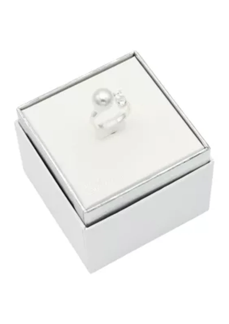 Lab Grown Silver Tone Pearl and Square Cubic Zirconia Open Wrap Ring
