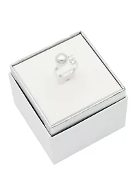 Lab Grown Silver Tone Pearl and Square Cubic Zirconia Open Wrap Ring