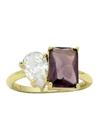 Lab Created Gold Tone Smoke Crystal Rectangle and Clear CZ Pear Two Stone Ring