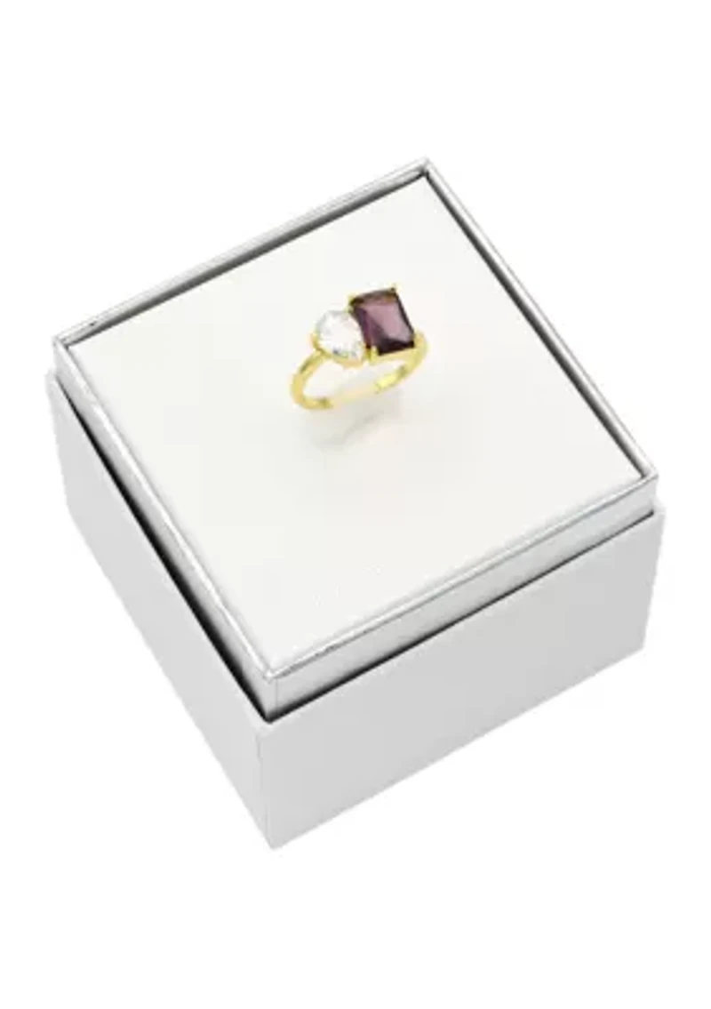 Lab Created Gold Tone Smoke Crystal Rectangle and Clear CZ Pear Two Stone Ring
