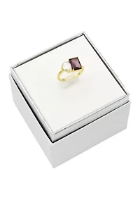 Lab Created Gold Tone Smoke Crystal Rectangle and Clear CZ Pear Two Stone Ring