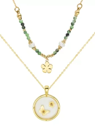 Gold Duo Beaded Flower and Butterfly Disk Set of Necklaces