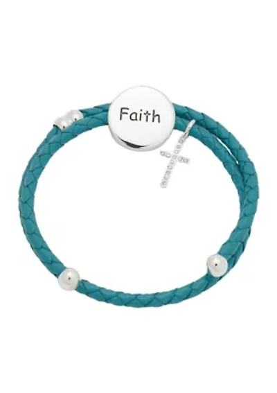 Lab Created Silver Tone Faith Disk Charm Leather Adjustable Bracelet