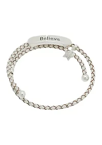 Lab Created Silver Tone Believe Bar Charm Leather Adjustable Bracelet