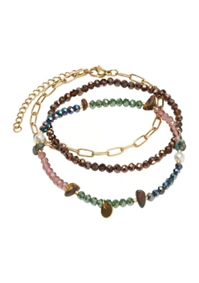 Gold Tone Genuine Beaded Trio Stretch Bracelet Set