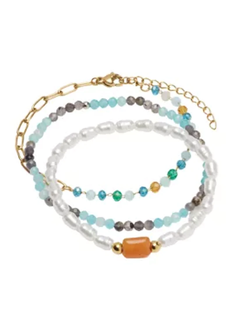 Gold Tone Genuine Beaded Pearl Chain Bracelet Trio Set