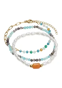 Gold Tone Genuine Beaded Pearl Chain Bracelet Trio Set