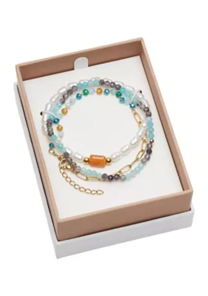 Gold Tone Genuine Beaded Pearl Chain Bracelet Trio Set