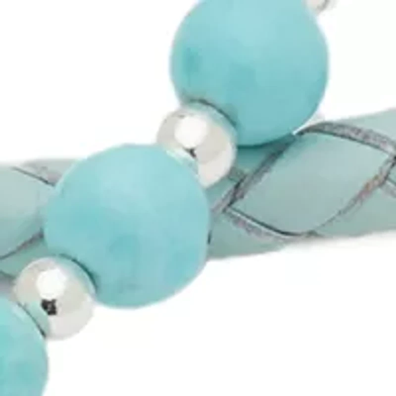Silver Tone Leather & Turquoise Trio Bracelet Set