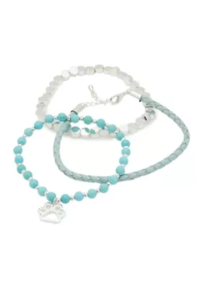 Silver Tone Leather & Turquoise Trio Bracelet Set