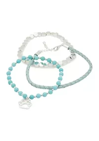 Silver Tone Leather & Turquoise Trio Bracelet Set