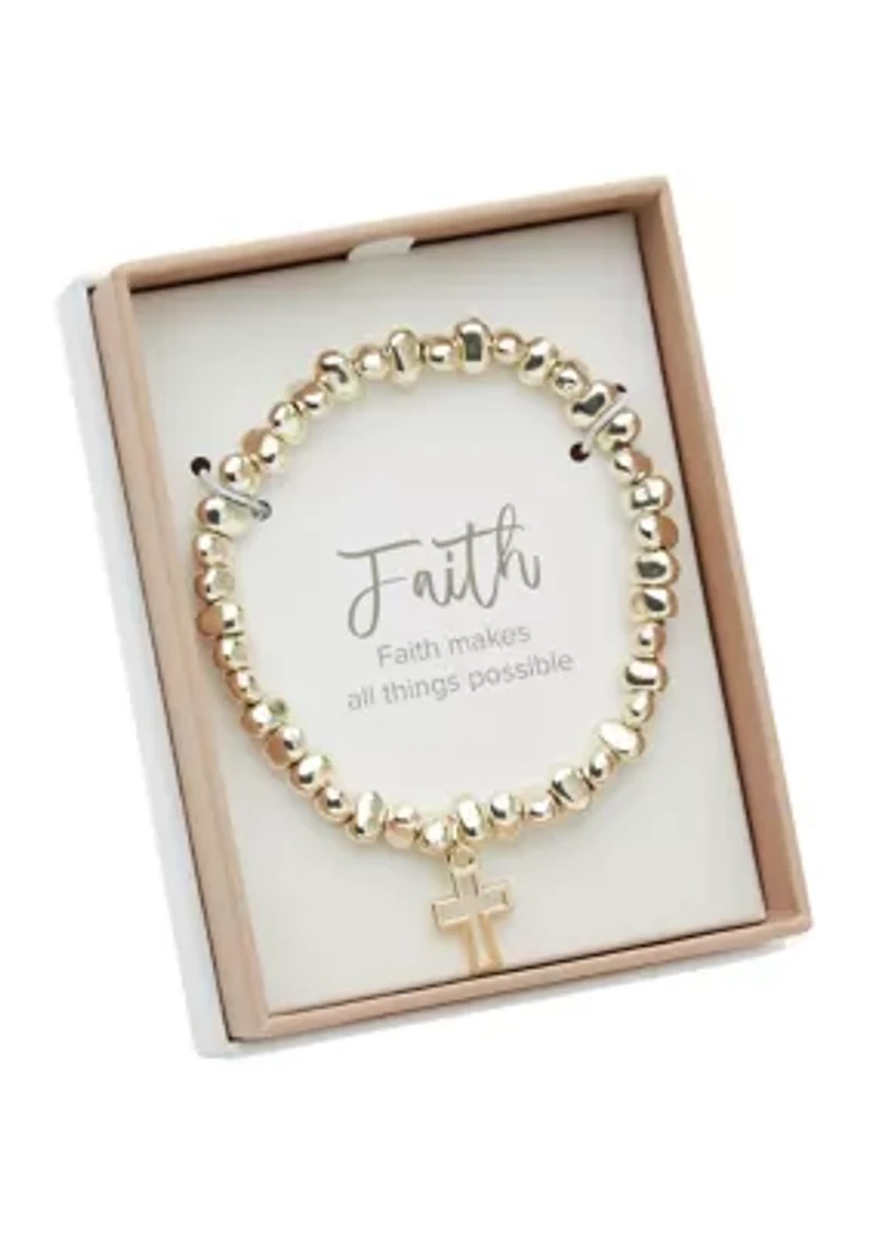Gold Tone Beaded Stretch Cross Bracelet