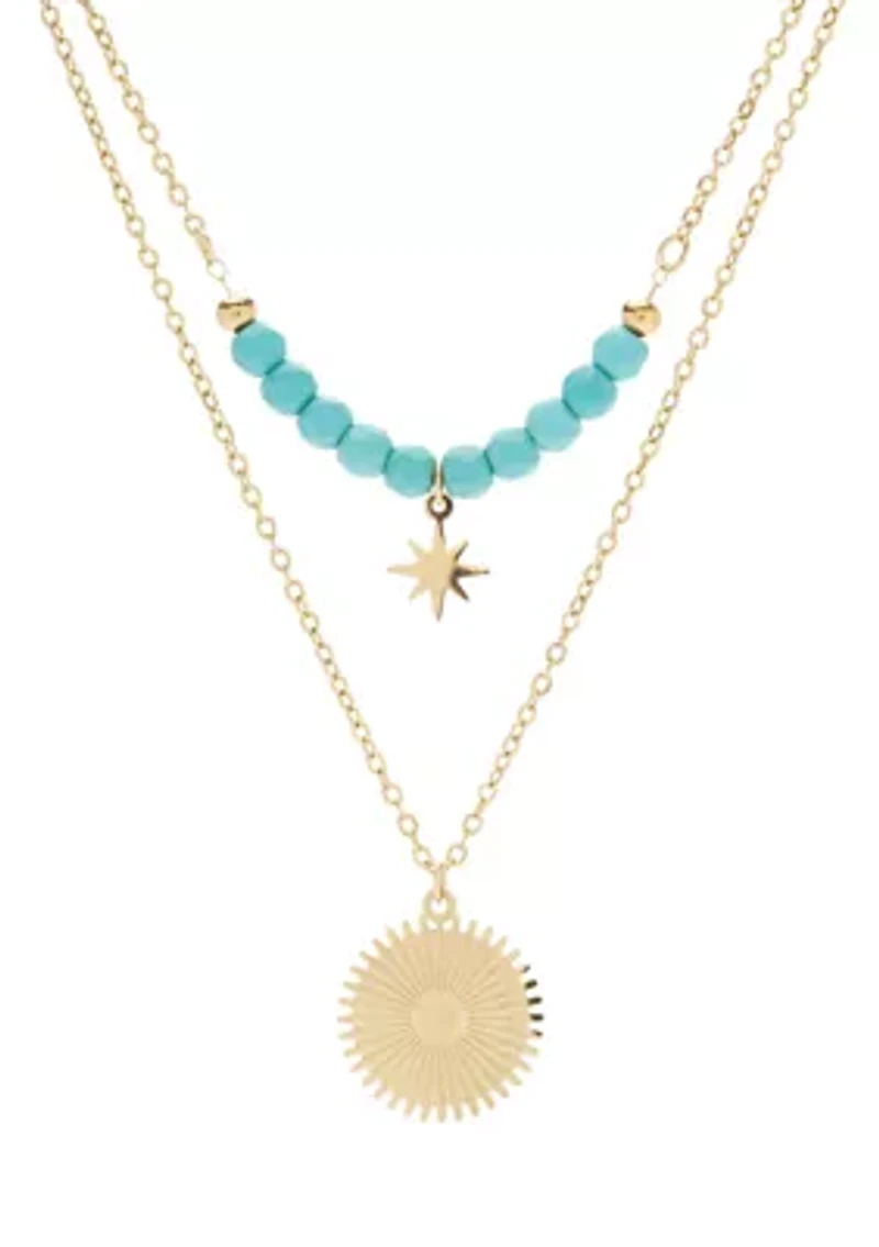 Gold Tone Turquoise Beaded & Disc Duo Pendant Set