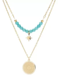 Gold Tone Turquoise Beaded & Disc Duo Pendant Set