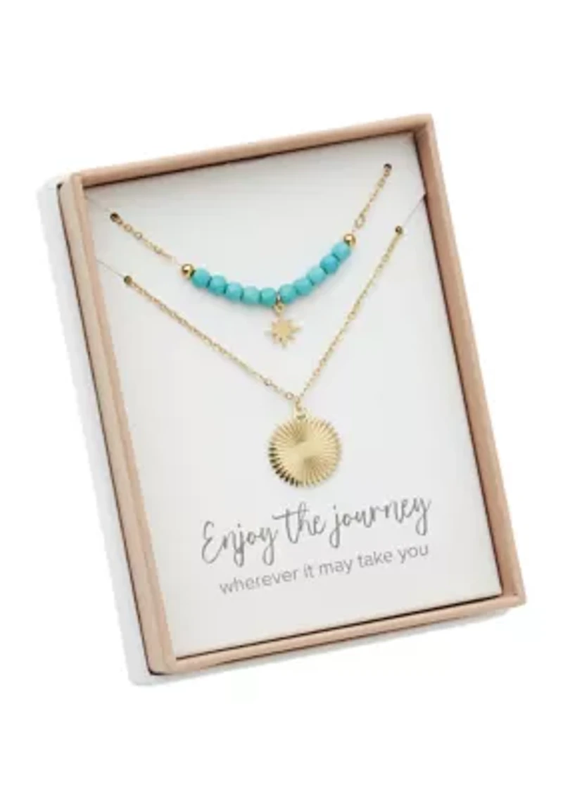 Gold Tone Turquoise Beaded & Disc Duo Pendant Set
