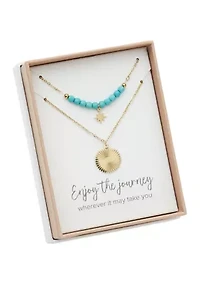 Gold Tone Turquoise Beaded & Disc Duo Pendant Set
